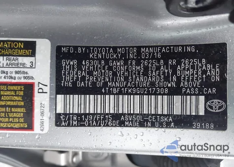 2016 Toyota Camry Se from USA, damaged, VIN 4T1BF1FK9GU217308